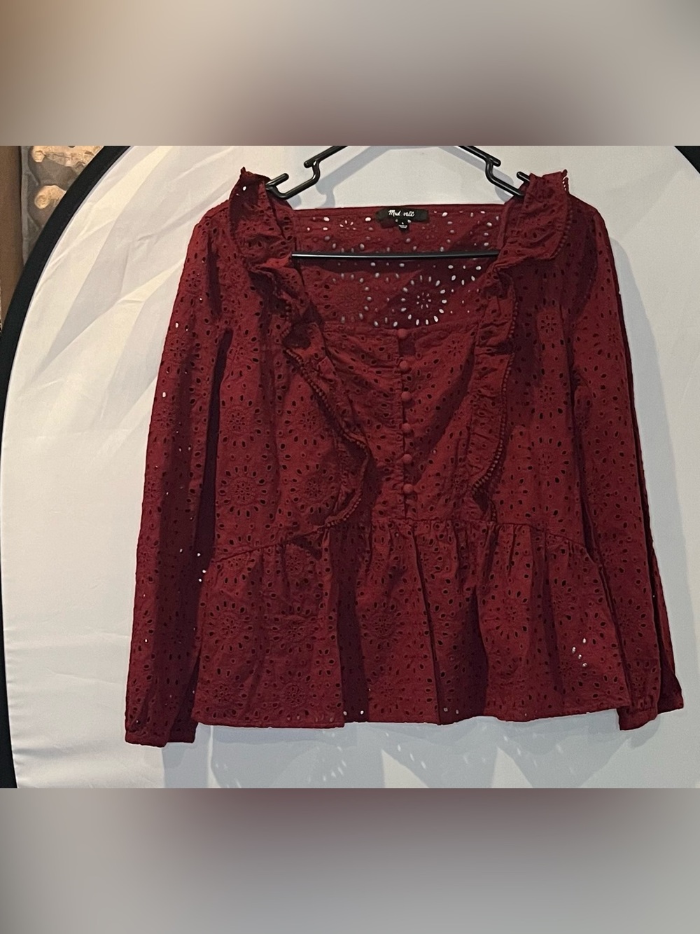 Madewell Burgundy Eyelet Ruffle Peplum Top
